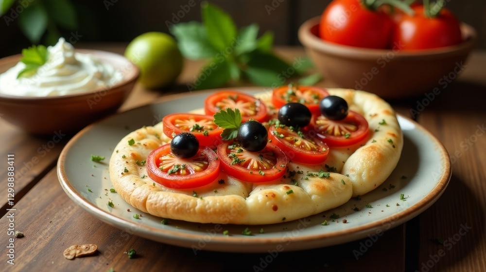 Savory Flatbread Topped with Sliced Tomatoes, Olives, and Fresh Herbs Served on a Plate with a Side of Creamy Dip Savory Flatbread Topped with Sliced Tomatoes, Olives, and Fresh Herbs Served on a Plate with a Side of Creamy Dip