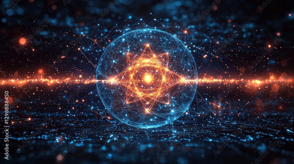 Abstract Atom Structure with Glowing Energy Particles and Interconnected Network Abstract Atom Structure with Glowing Energy Particles and Interconnected Network