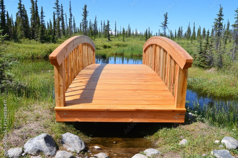 A small wooden bridge over a still lake, reflecting the surrounding trees perfectly A small wooden bridge over a still lake, reflecting the surrounding trees perfectly