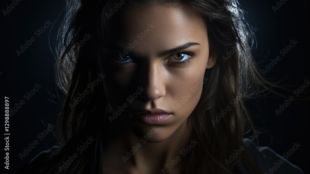 Intense portrait of a beautiful woman with heterochromia in darkness Intense portrait of a beautiful woman with heterochromia in darkness
