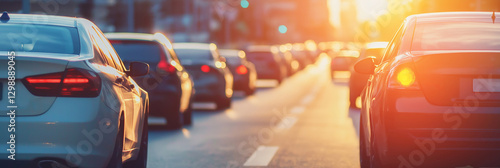 Wallpaper Mural Cars line up in a bustling city, bathed in lovely sunset hues, reflecting daily urban life. Torontodigital.ca