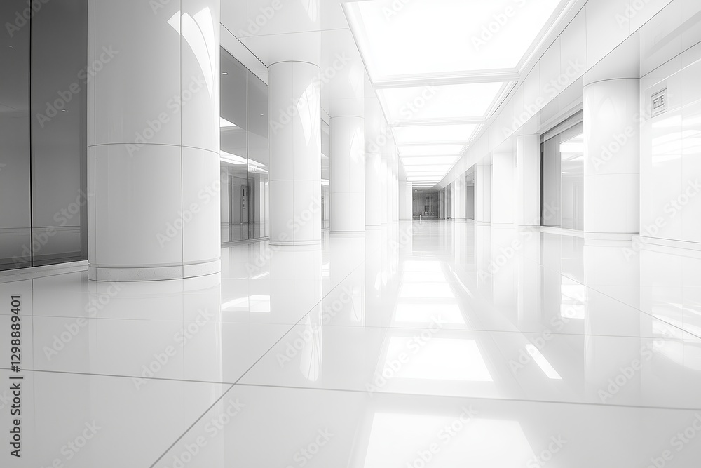 Obraz premium A modern, sleek hallway showcasing bright white lighting and reflective surfaces for a futuristic feel.
