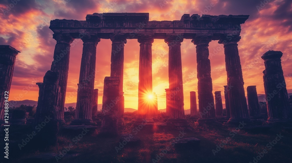 Fototapeta premium A stunning view of ancient columns silhouetted against a vibrant sunset sky.