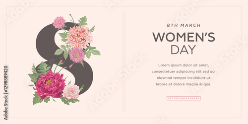 International women's day horizontal web banner, flyer or greeting card design template with hand drawn flowers and number 8 on pink background. Vector retro illustration