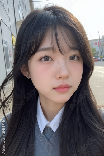 Young Asian Female Student in School Uniform - Selfie Photo of Young Woman outside on Sunny Day in City - Eastern Teenager in College Attire Suit or Sailor Formal Wear in Eastern Countries