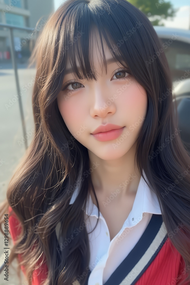 Young Asian Female Student in School Uniform - Selfie Photo of Young Woman outside on Sunny Day in City - Eastern Teenager in College Attire Suit or Sailor Formal Wear in Eastern Countries Young Asian Female Student in School Uniform - Selfie Photo of Young Woman outside on Sunny Day in City - Eastern Teenager in College Attire Suit or Sailor Formal Wear in Eastern Countries