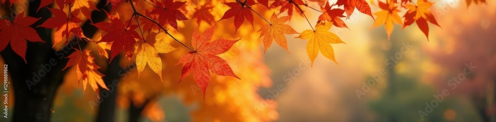 Colorful leaves gently swaying in autumn breeze, fall colors, brown trees Colorful leaves gently swaying in autumn breeze, fall colors, brown trees