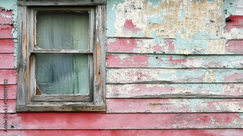 Weathered Window and Peeling Painted Wood Siding