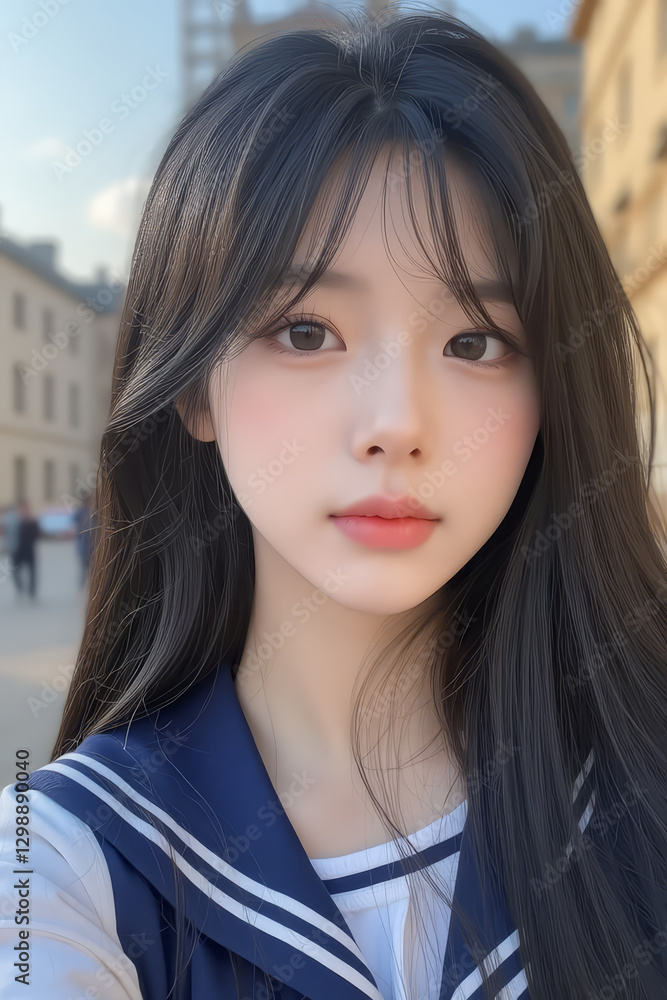 Young Asian Female Student in School Uniform - Selfie Photo of Young Woman outside on Sunny Day in City - Eastern Teenager in College Attire Suit or Sailor Formal Wear in Eastern Countries Young Asian Female Student in School Uniform - Selfie Photo of Young Woman outside on Sunny Day in City - Eastern Teenager in College Attire Suit or Sailor Formal Wear in Eastern Countries