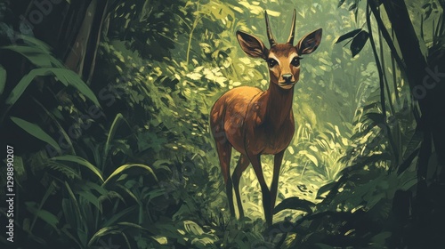 Gentle deer in lush jungle forest path photo