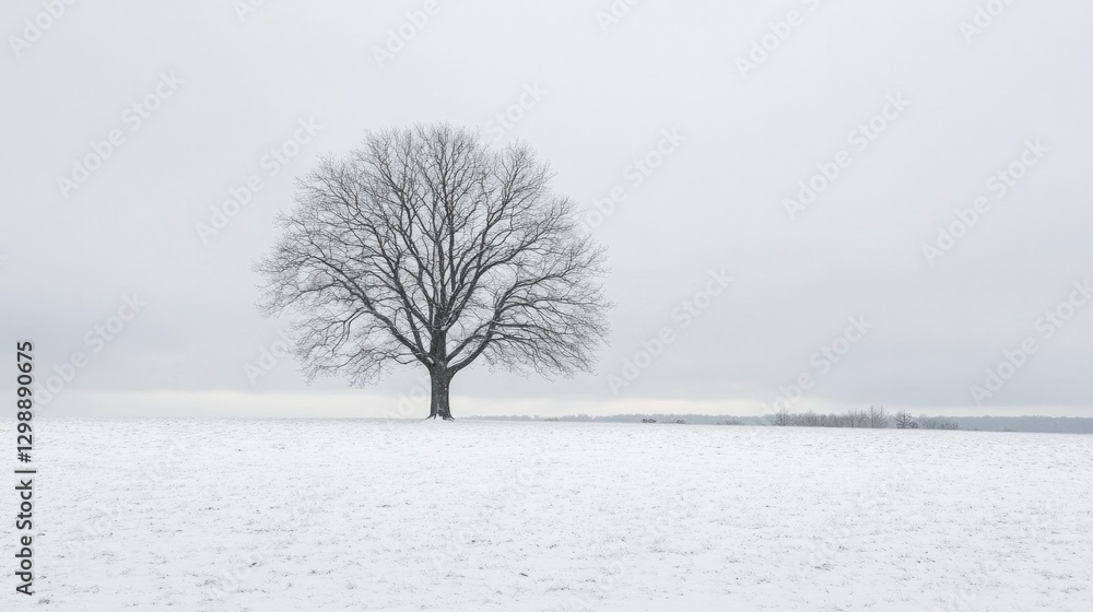 Fototapeta premium A solitary tree standing in a snow-covered field, AI Generative.