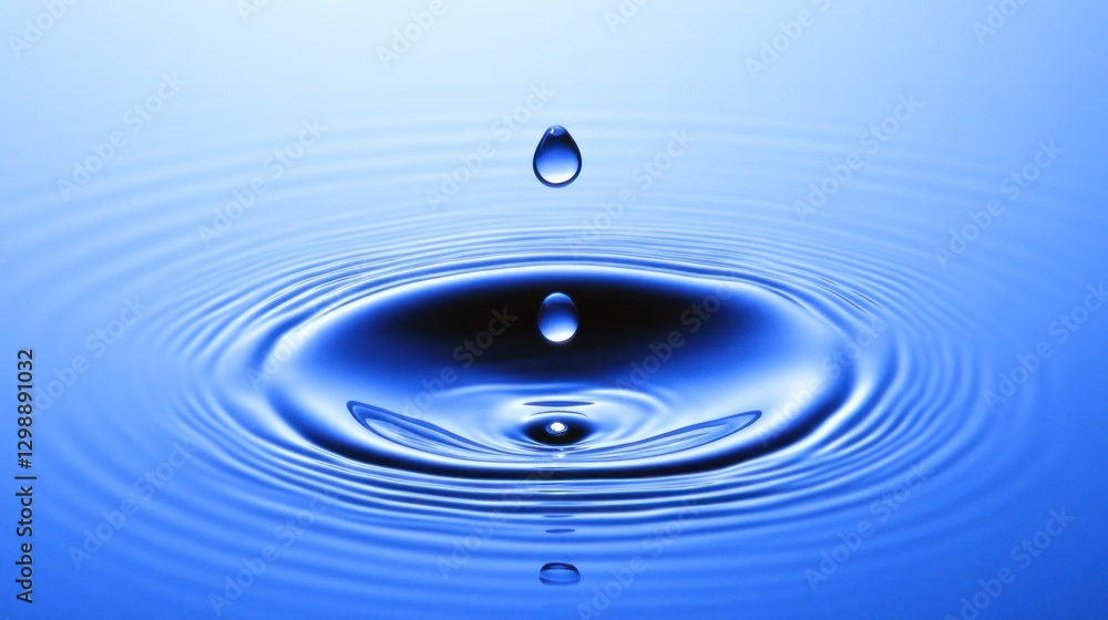 Water Droplet Impact Creating Ripples in Blue Liquid Surface Water Droplet Impact Creating Ripples in Blue Liquid Surface