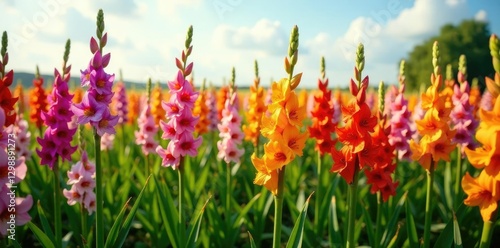 Swirling sea of gladioli flowers dance across a vast green field, flowers, field, gladiolus