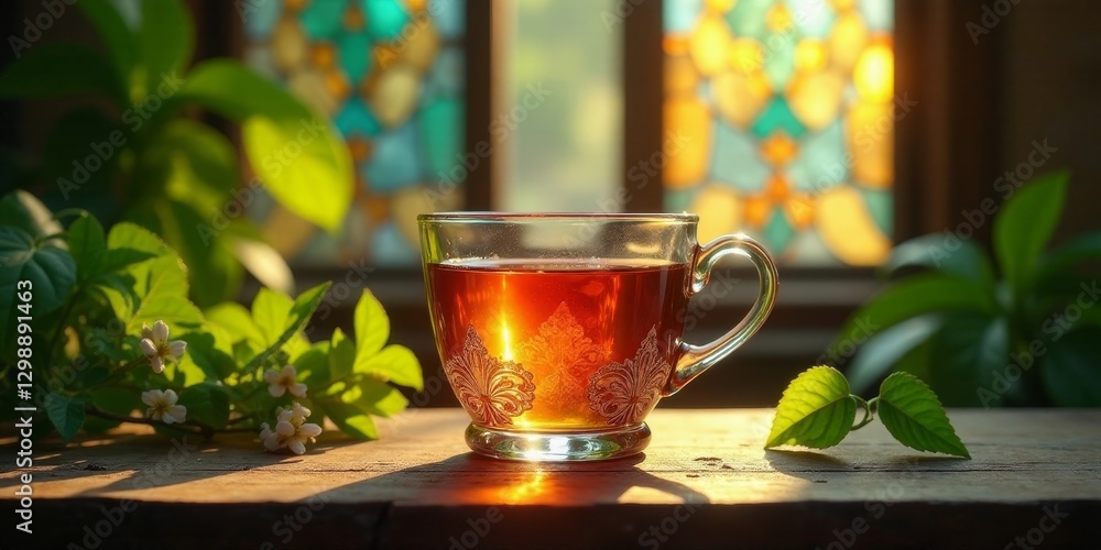 Warm Golden Sunlight Illuminates a Fragrant Teacup Nestled Among Lush Greenery on a Rustic Wooden Surface Warm Golden Sunlight Illuminates a Fragrant Teacup Nestled Among Lush Greenery on a Rustic Wooden Surface