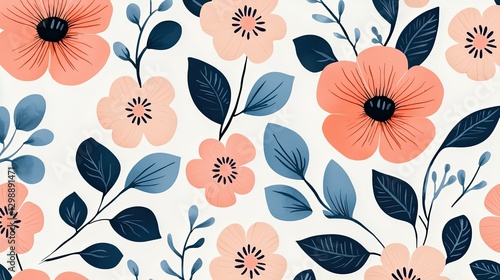 A vibrant floral pattern featuring peach and blue flowers with lush green leaves on a light background, on white background