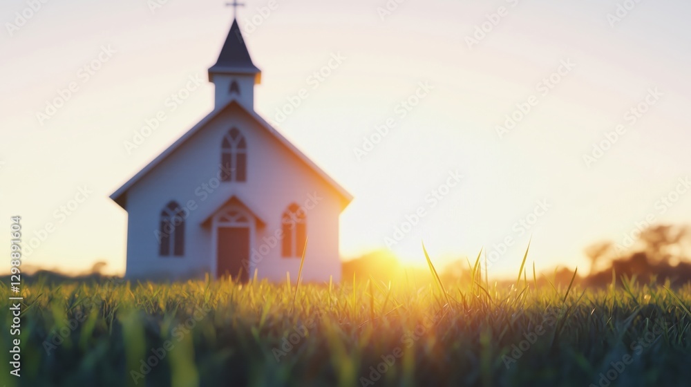 Fototapeta premium A serene church silhouette against a vibrant sunset, surrounded by lush green grass.