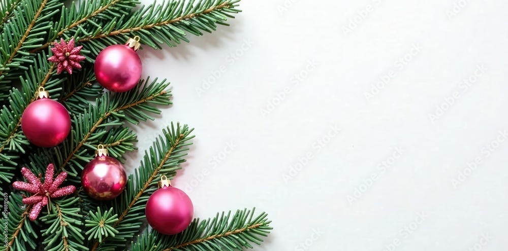 evergreen branches adorned with pink ornaments against a white background, pink, decoration, background evergreen branches adorned with pink ornaments against a white background, pink, decoration, background