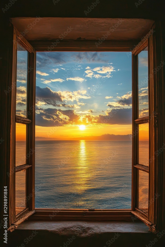 Fototapeta premium Golden Hour Seascape Viewed Through an Antique Window