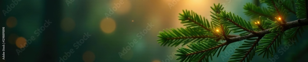 Fototapeta premium Evergreen branch with warm incandescent lights, incandescent lights, soft illumination