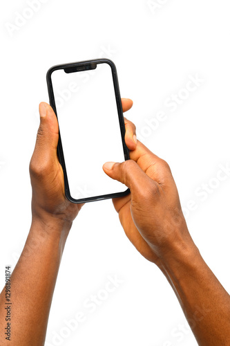 A pair of hands holding a smartphone with a blank screen. One hand supports the phone while the other interacts with the touchscreen, suggesting usage. The neutral background makes it ideal for mockup