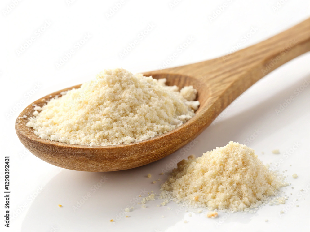 A close-up of a wooden spoon holding pale, fine powder, representing organic baking ingredients and culinary essentials A close-up of a wooden spoon holding pale, fine powder, representing organic baking ingredients and culinary essentials