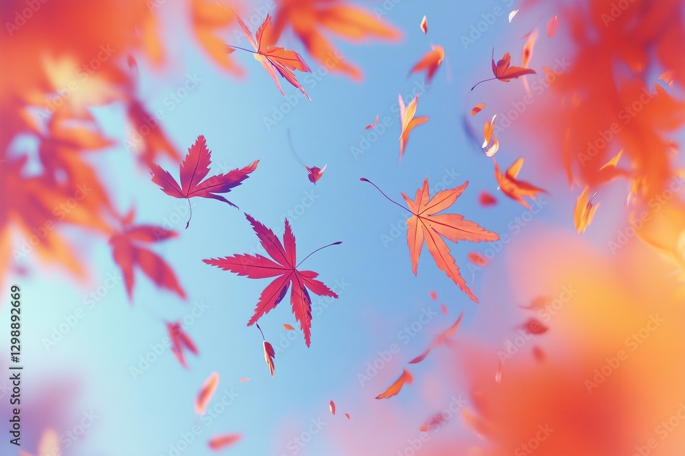Vibrant Red and Orange Autumn Leaves Falling Against a Soft Blue Sky Vibrant Red and Orange Autumn Leaves Falling Against a Soft Blue Sky