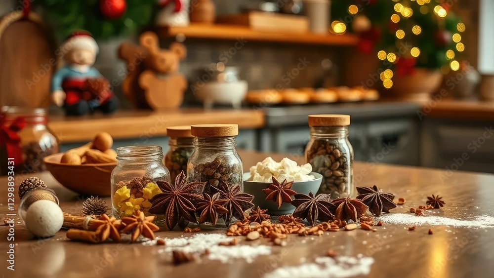 Aromatic spices on the kitchen counter with holiday cookies baking, festive, spices, holiday flavors Aromatic spices on the kitchen counter with holiday cookies baking, festive, spices, holiday flavors