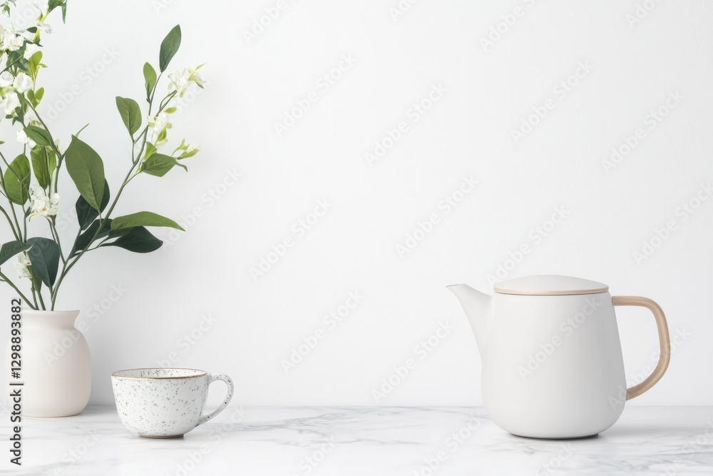minimalistic stock photo of ceramic tea set next to smart kettle on marble countertop representing harmony of tradition minimalistic stock photo of ceramic tea set next to smart kettle on marble countertop representing harmony of tradition