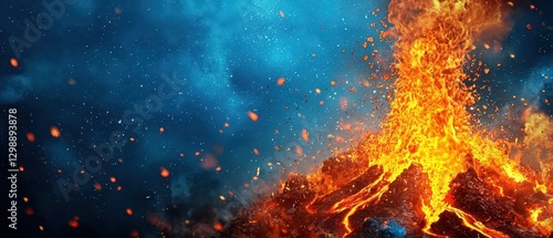 A vibrant volcanic eruption with flowing lava and a dramatic blue background, showcasing the power of nature.