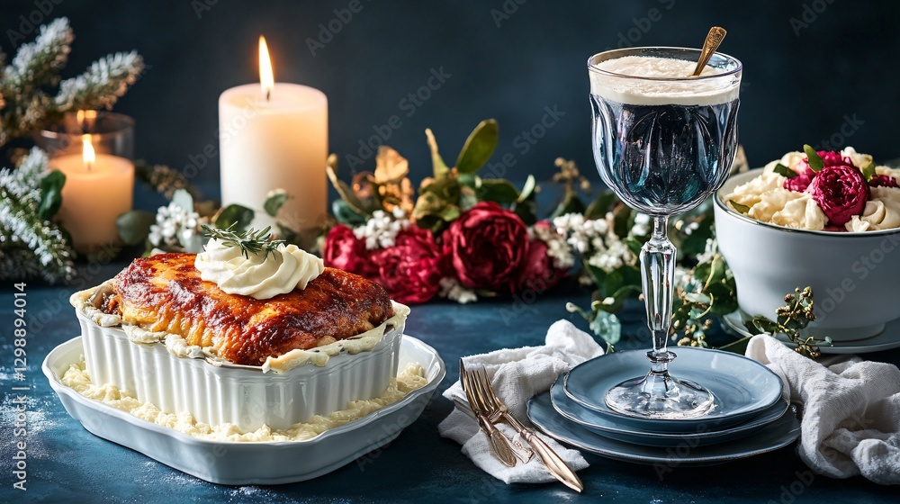 Festive table setting with delicious meal, candlelight, floral arrangement, and elegant drink for celebration Festive table setting with delicious meal, candlelight, floral arrangement, and elegant drink for celebration