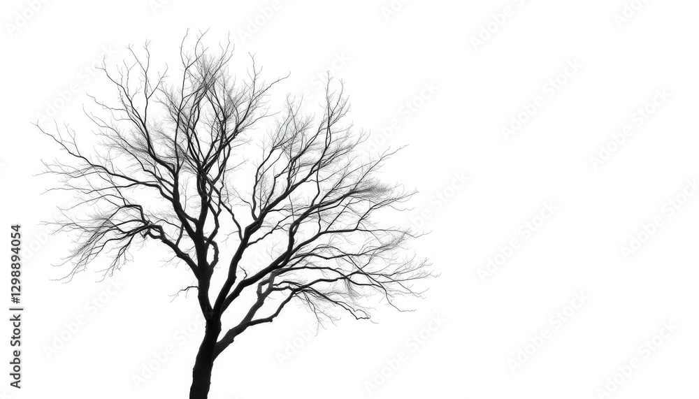 Obraz premium Lone deciduous tree, stark branches against pure white, forest, branches