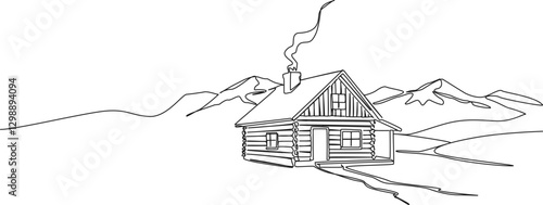 continuous single line drawing of wooden cabin in the mountains, line art vector illustration