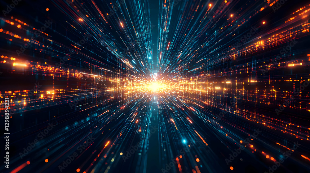 Fototapeta premium Abstract Digital Data Network Visualization with Blue and Orange Lights in Dark Background