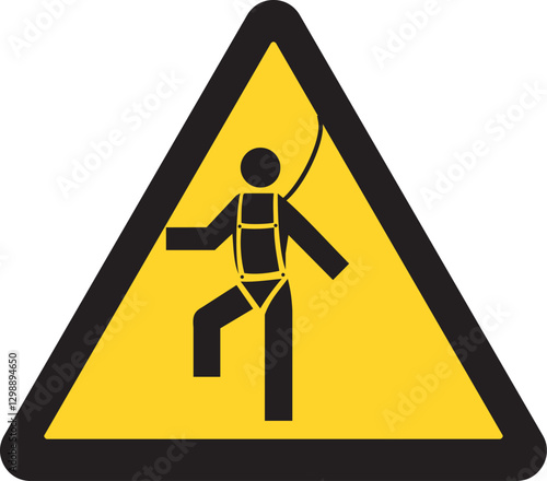 warning sign, person wearing a safety harness, fall hazard, protective equipment