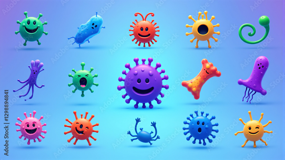 Colorful Cartoon Microbes and Bacteria Characters Colorful Cartoon Microbes and Bacteria Characters