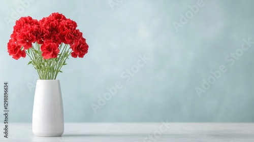 Red carnations in vase, minimalist background, for greeting cards