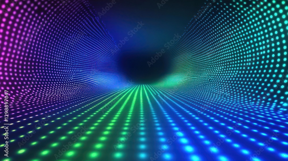 Obraz premium LED race game graphic, laser tunnel, green blue cyber space background, electric techno party backdrop