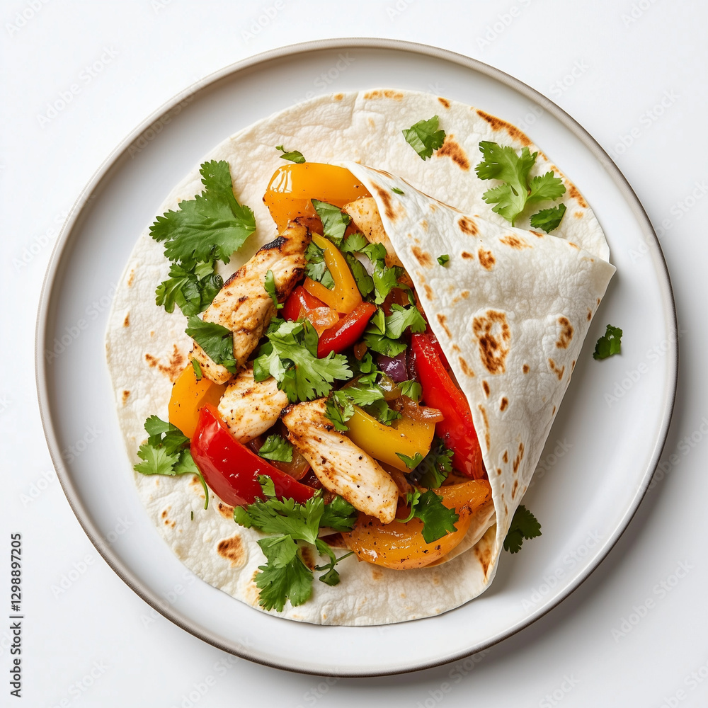 Chicken fajita wrap on a white plate Chicken fajita wrap on a white plate