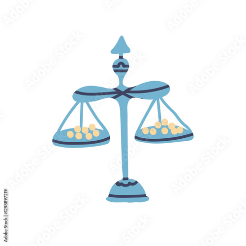 Scales with balanced pans, equal weights. Weighing device. Financial equality concept. Weigher with gold coins. Hand drawn vector illustration.