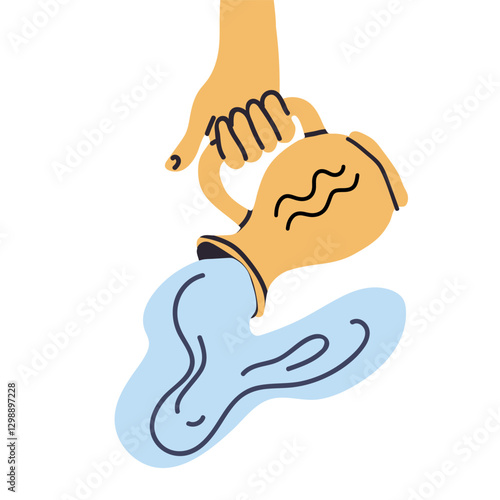 A hand with a pitcher pours water out of the pitcher. Aqua flow, liquid stream, current, turned upside down. Spilling away. Aquarius, zodiac sign. Hand drawn vector illustration.