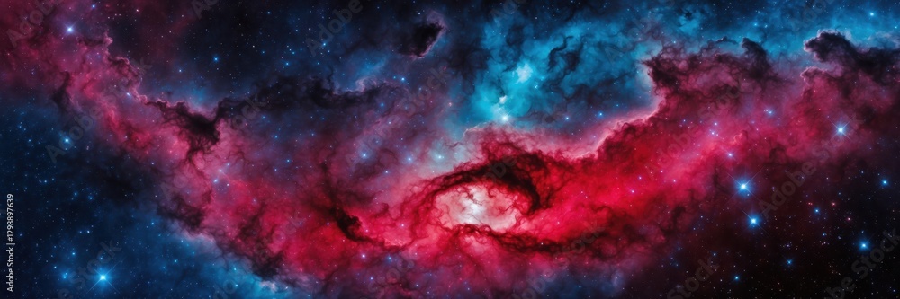 Fototapeta premium Cosmic Vortex. Vibrant Red and Blue Nebula Swirling Amongst Starry Galaxy