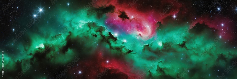 Fototapeta premium Vibrant Nebula. Cosmic Tapestry of Greens and Reds with Shimmering Stars