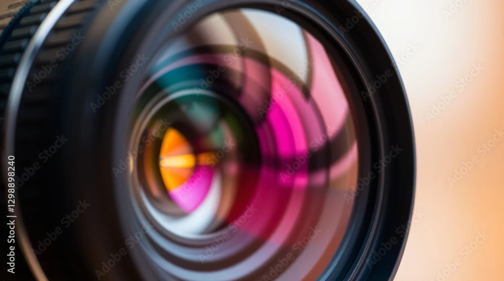 Close-up of a camera lens with a blurred colorful background Close-up of a camera lens with a blurred colorful background