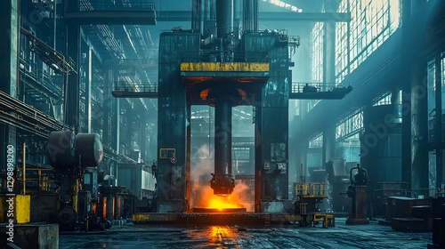 Powerful Hydraulic Press Shaping Glowing Hot Metal in Steel Factory