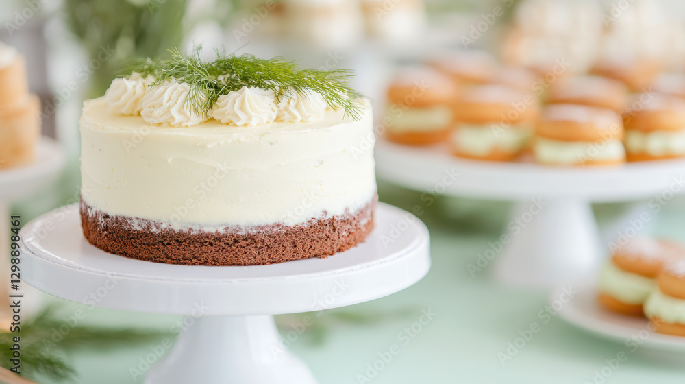 Elegant vanilla layer cake with dill garnish on white stand, surrounded by miniature pastries on pastel green background Elegant vanilla layer cake with dill garnish on white stand, surrounded by miniature pastries on pastel green background
