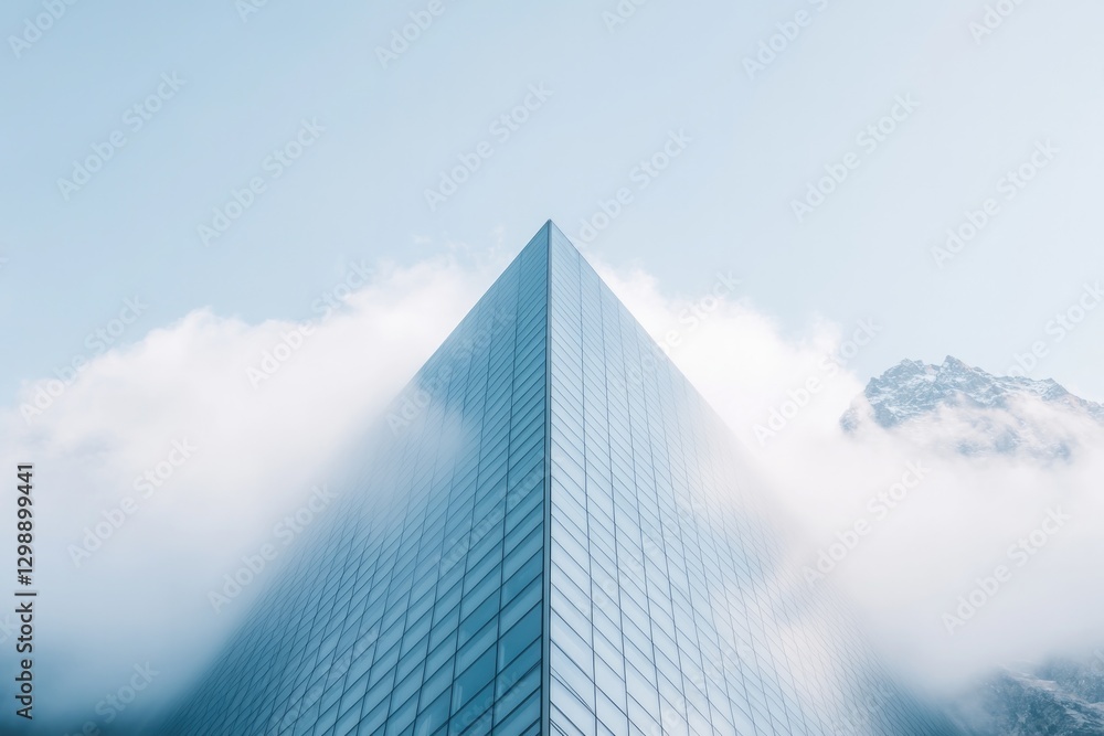 minimalistic stock photo of glass skyscraper reflecting sky emphasizing seamless blend between architecture and nature
