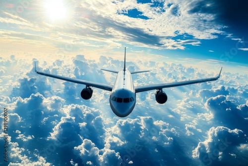 A majestic jet soars through a sea of fluffy white clouds.