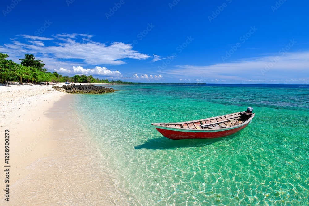 Naklejka premium A simple, clean horizon where the deep blue sea meets the sky, with a tiny boat in the distance