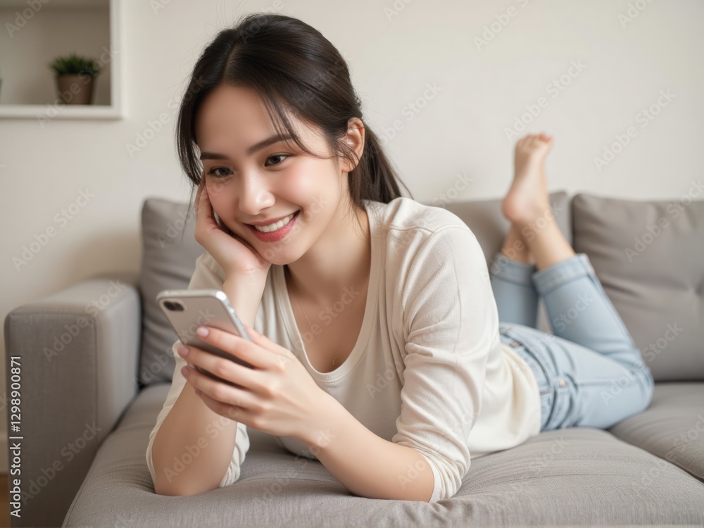 beautiful woman with a radiant smile, resting on a couch at home, using her cellphone in a warm and inviting living room setting. beautiful woman with a radiant smile, resting on a couch at home, using her cellphone in a warm and inviting living room setting.