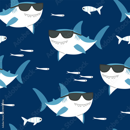 Vector seamless pattern with funny shark in sunglasses. Ocean print for kids clothes, fabric, cards